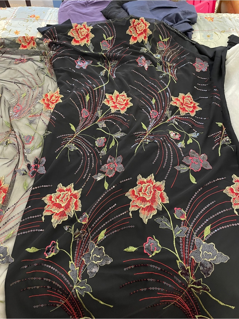 Black Floral Embroidered Fabric Panel - Red & Green Flowers purchased in Italy